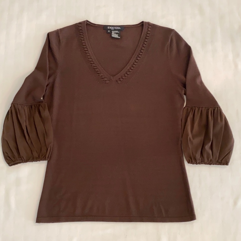 Etcetera Chocolate Brown Knit V Neck Sweater with Balloon Statement Sleeves